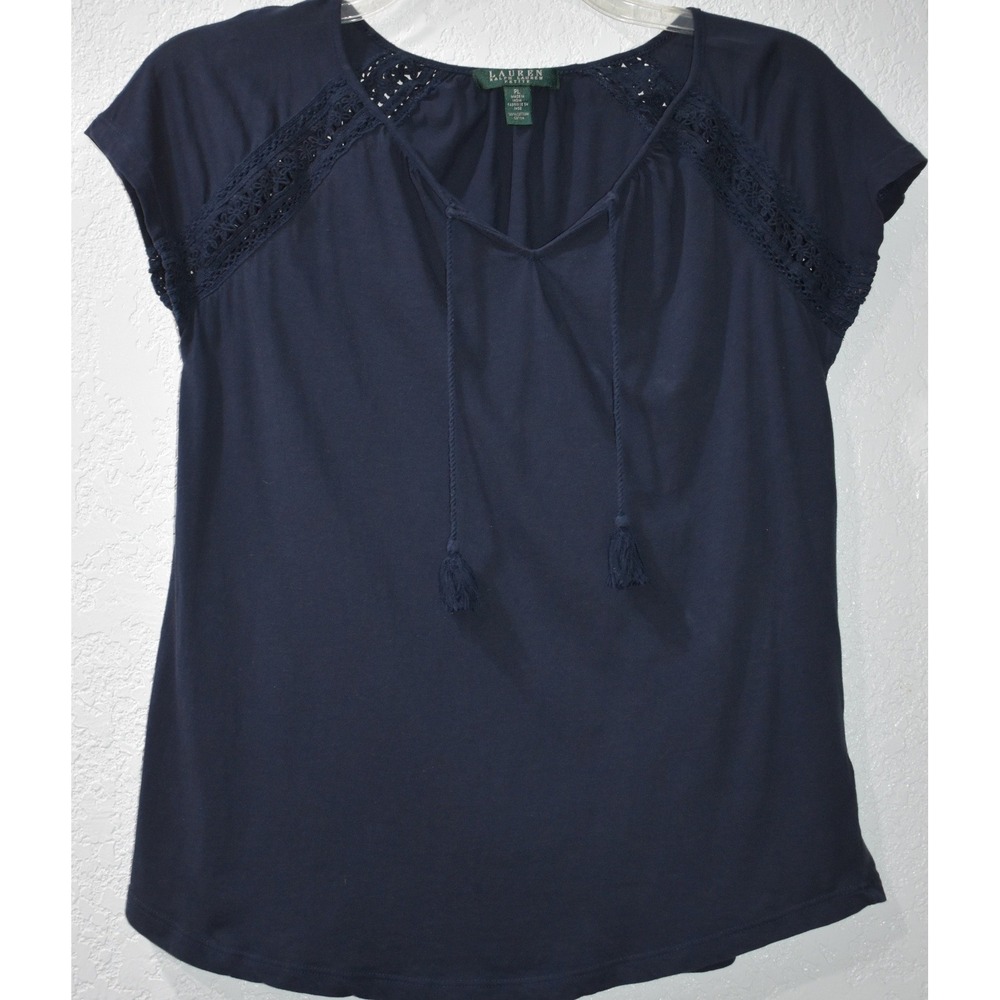 Lauren Ralph Lauren Petite LARGE Navy Blue Cotton Crochet Lace Tassel Tie Top PL